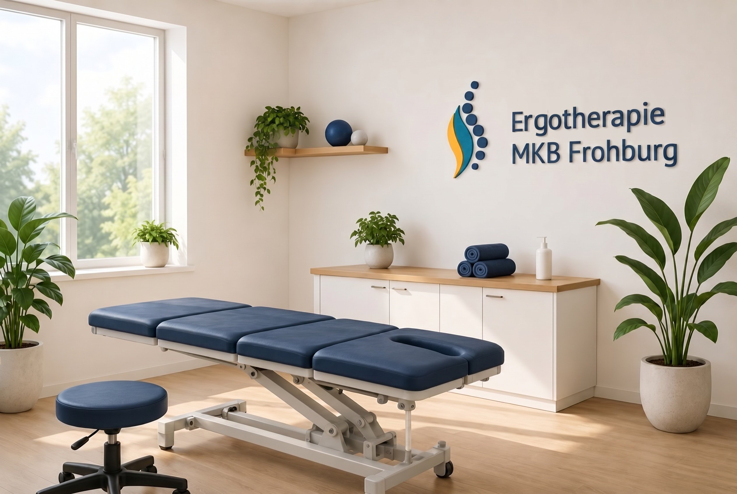 Heller, moderner Behandlungsraum mit Wandschild Ergotherapie MKB Frohburg